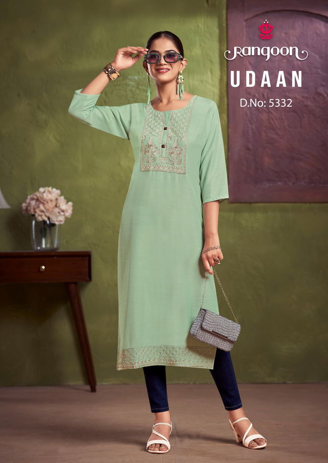 Udaan By Rangoon Viscose Embroidery Kurtis Wholesale Shop In Surat